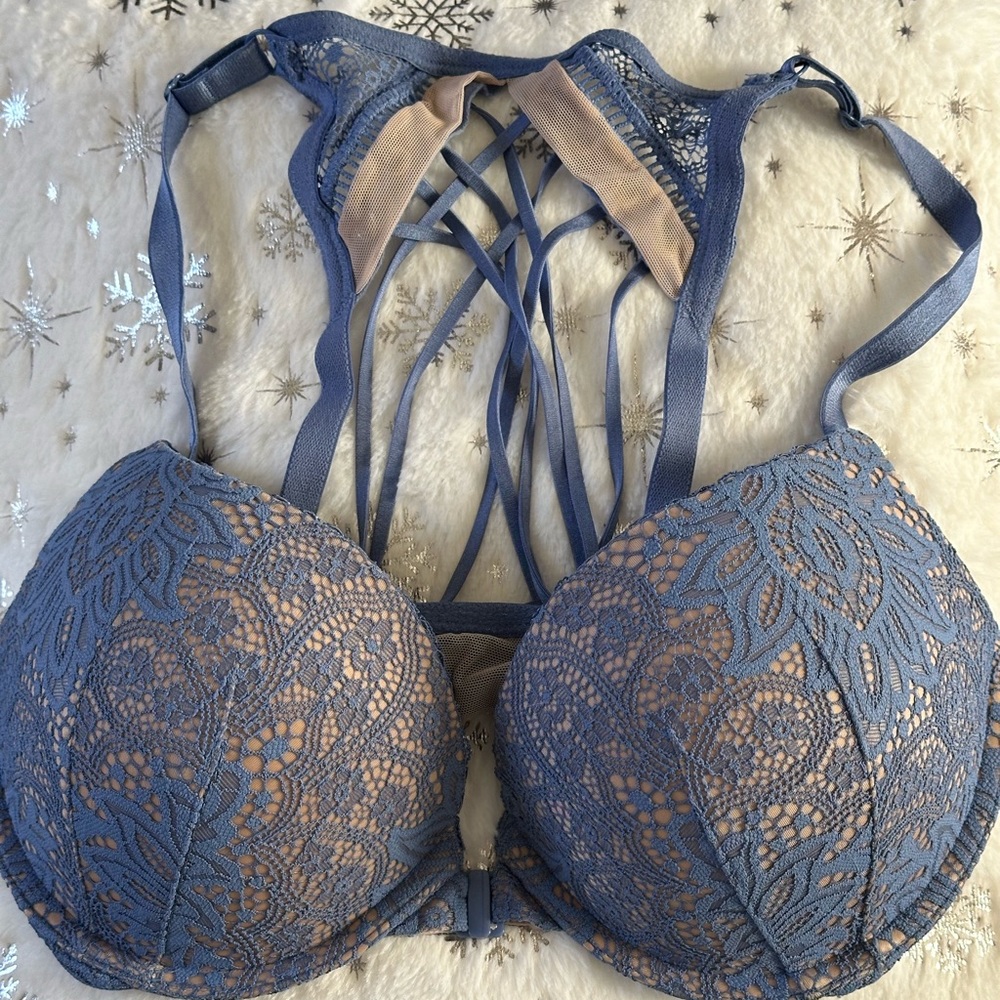 Victoria’s Secret blue caged-back bra.